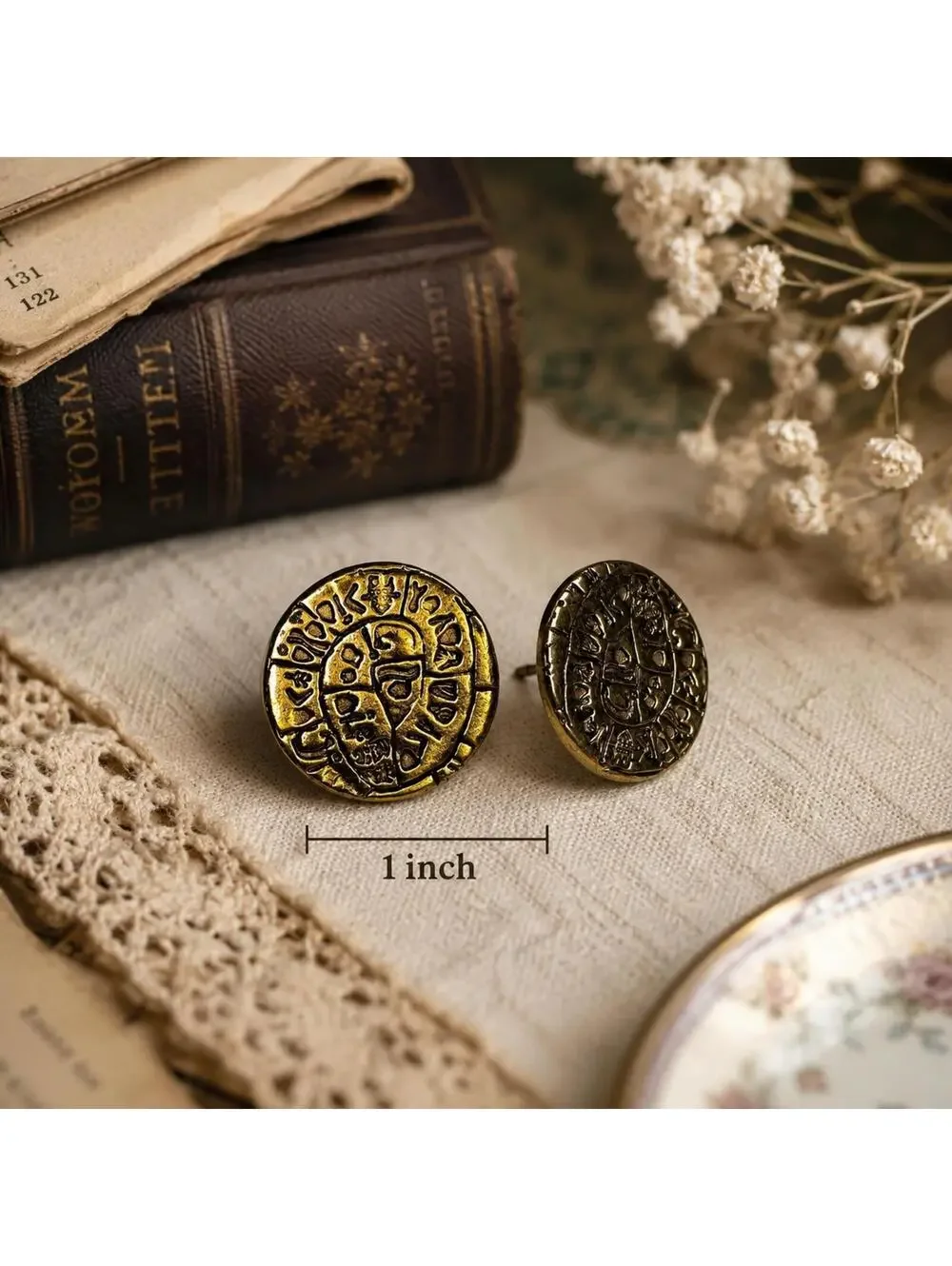 Vintage Egyptian Hieroglyph Gold Tone Pierced Earrings 1 Inch